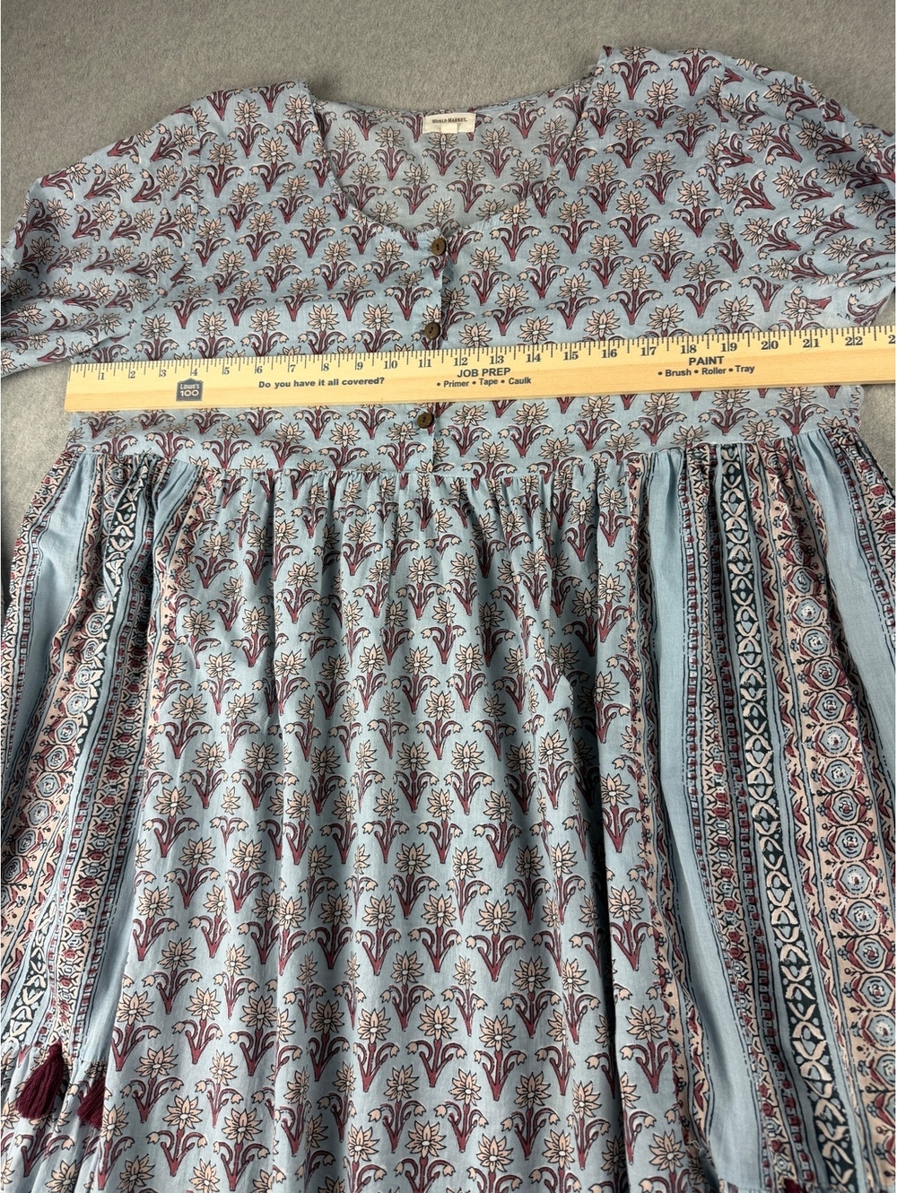 World Market L/XL Floral Maxi Dress Boho Tiered Cotton Tassel Blue - Picture 8 of 9